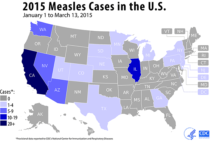 Map of measles outbreaks in United States.